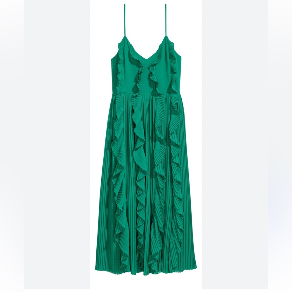 H&M Green Pleated Ruffled Midi Sundress